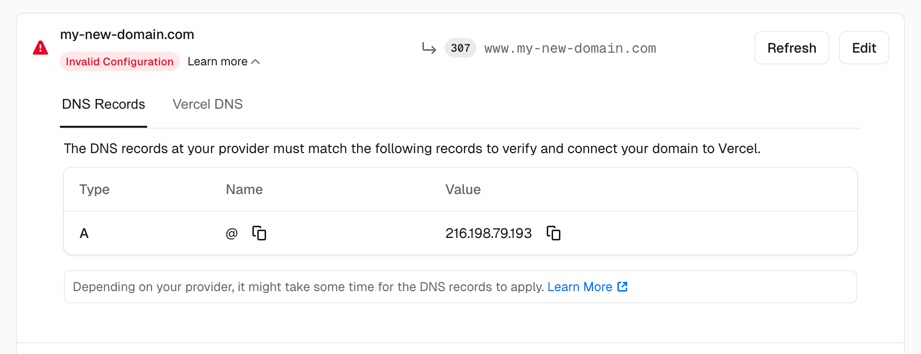 DNS configuration for an apex domain.