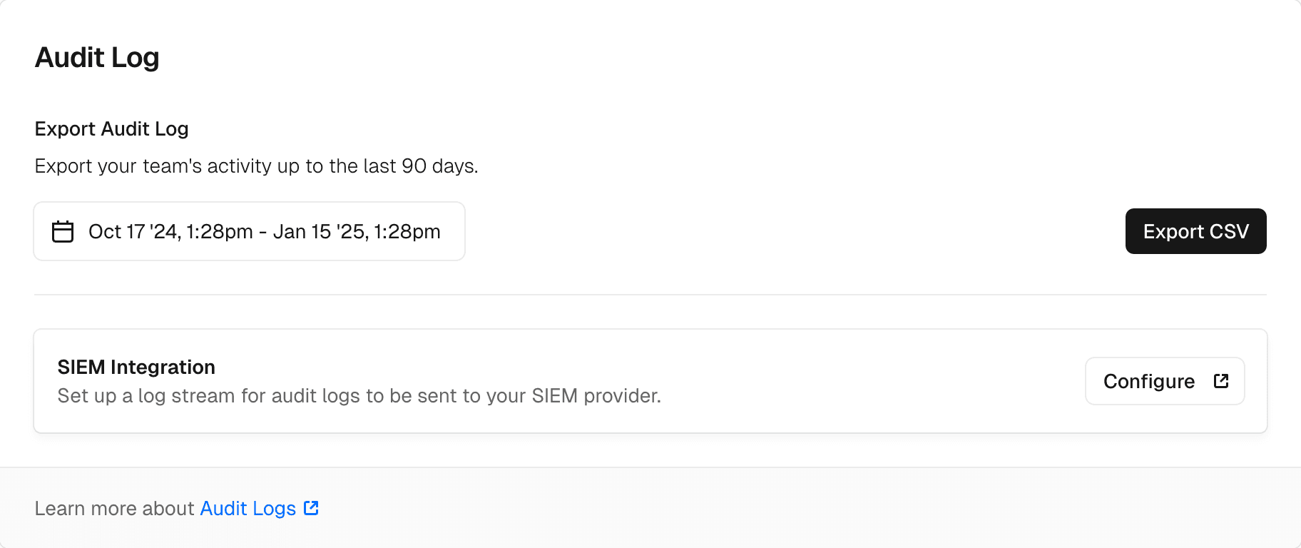 Select a timeframe to export audit logs for your team.