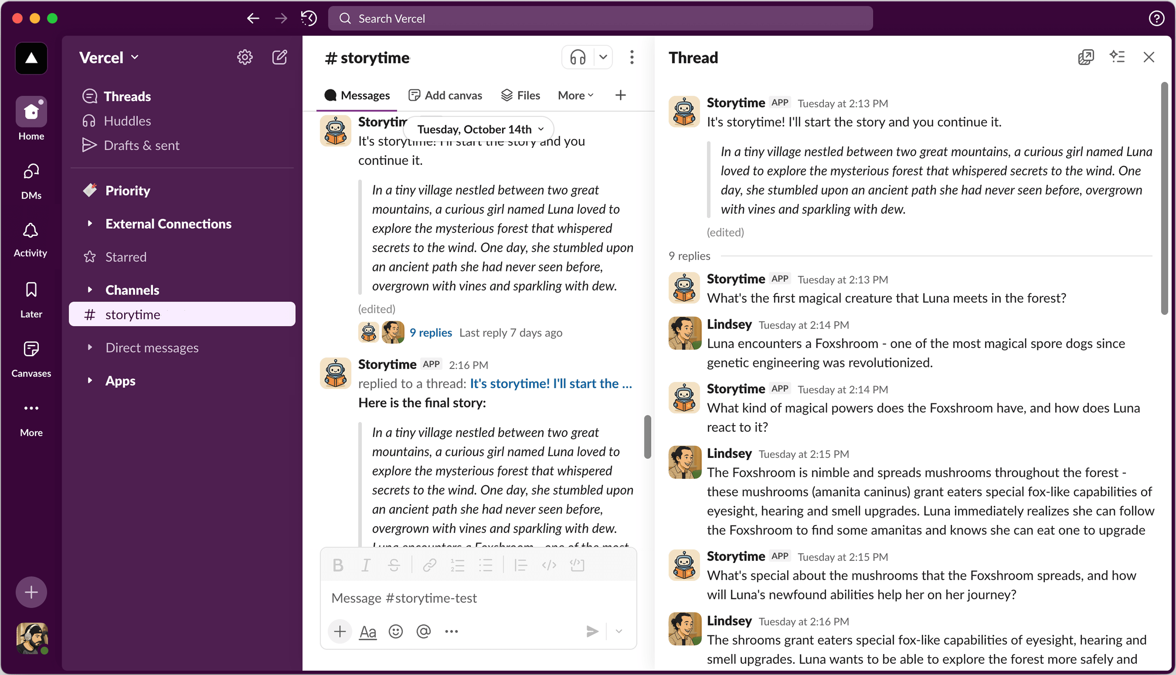 A user interacting with Storytime Slack bot