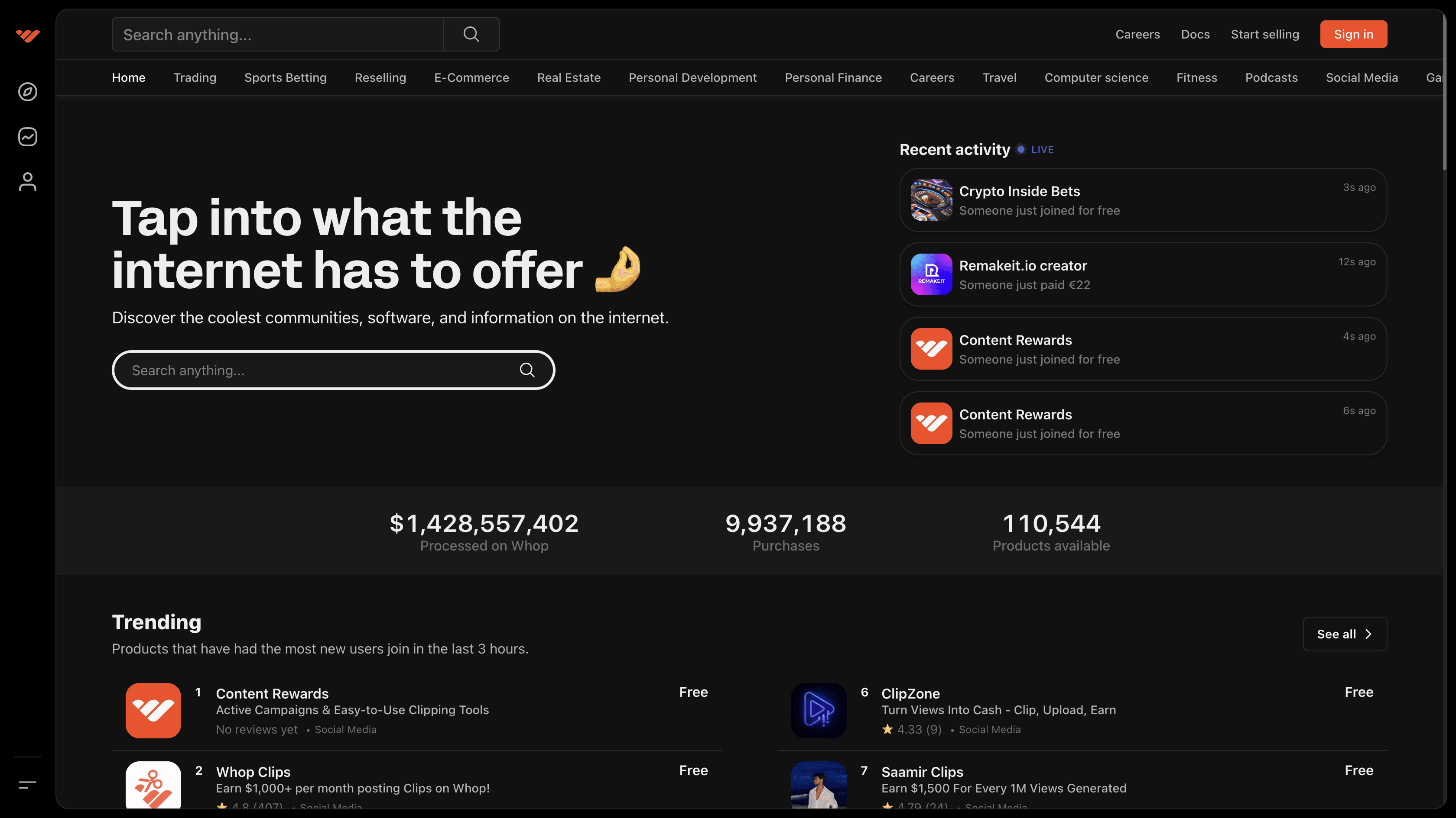 Screenshot of https://whop.com/